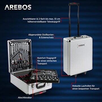 Arebos Aluminium Werkzeugkoffer gefüllt | Werkzeug-Set 1200-tlg | Rollkoffer Tragekoffer | Werkzeugtasche für Haushalt,Garage & Werkstatt | Werkzeugkiste mit 4 Fächern & Teleskopgriff | Silber - 2
