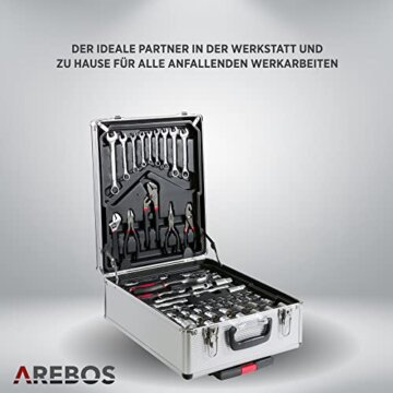 Arebos Aluminium Werkzeugkoffer gefüllt | Werkzeug-Set 1200-tlg | Rollkoffer Tragekoffer | Werkzeugtasche für Haushalt,Garage & Werkstatt | Werkzeugkiste mit 4 Fächern & Teleskopgriff | Silber - 3