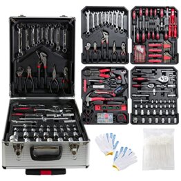Arebos Aluminium Werkzeugkoffer gefüllt | Werkzeug-Set 1200-tlg | Rollkoffer Tragekoffer | Werkzeugtasche für Haushalt,Garage & Werkstatt | Werkzeugkiste mit 4 Fächern & Teleskopgriff | Silber - 1