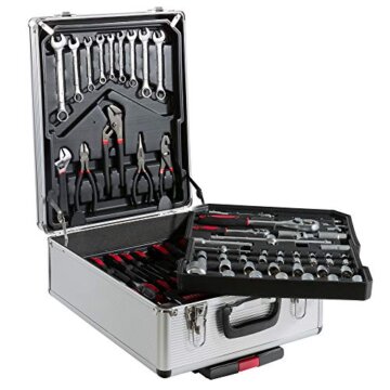 Arebos Aluminium Werkzeugkoffer gefüllt | Werkzeug-Set 1200-tlg | Rollkoffer Tragekoffer | Werkzeugtasche für Haushalt,Garage & Werkstatt | Werkzeugkiste mit 4 Fächern & Teleskopgriff | Silber - 4