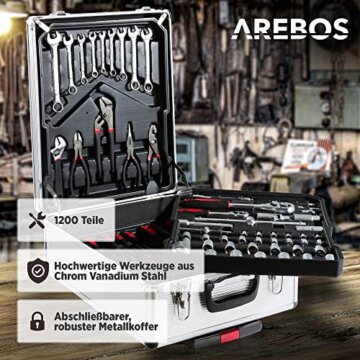 Arebos Aluminium Werkzeugkoffer gefüllt | Werkzeug-Set 1200-tlg | Rollkoffer Tragekoffer | Werkzeugtasche für Haushalt,Garage & Werkstatt | Werkzeugkiste mit 4 Fächern & Teleskopgriff | Silber - 5