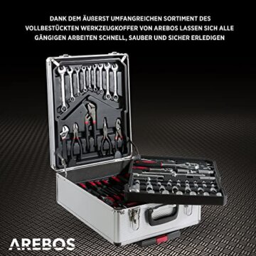 Arebos Aluminium Werkzeugkoffer gefüllt | Werkzeug-Set 1200-tlg | Rollkoffer Tragekoffer | Werkzeugtasche für Haushalt,Garage & Werkstatt | Werkzeugkiste mit 4 Fächern & Teleskopgriff | Silber - 6