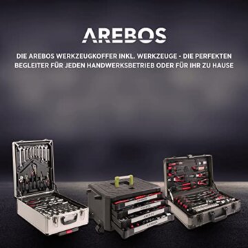Arebos Aluminium Werkzeugkoffer gefüllt | Werkzeug-Set 1200-tlg | Rollkoffer Tragekoffer | Werkzeugtasche für Haushalt,Garage & Werkstatt | Werkzeugkiste mit 4 Fächern & Teleskopgriff | Silber - 7