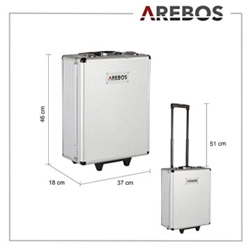 Arebos Aluminium Werkzeugkoffer gefüllt | Werkzeug-Set 1200-tlg | Rollkoffer Tragekoffer | Werkzeugtasche für Haushalt,Garage & Werkstatt | Werkzeugkiste mit 4 Fächern & Teleskopgriff | Silber - 8