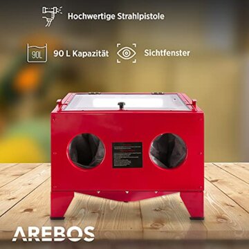 Arebos Sandstrahlkabine 90 Liter | Sandstrahlgerät mit Strahlpistole mit 4 Keramikdüsen | zur Aufbereitung |Arbeitshandschuhe | Sichtfenster inkl. 5 Ersatzfolien - 2