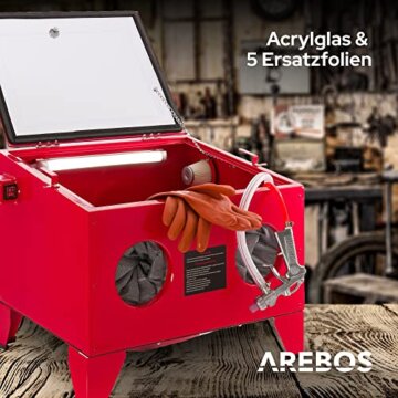 Arebos Sandstrahlkabine 90 Liter | Sandstrahlgerät mit Strahlpistole mit 4 Keramikdüsen | zur Aufbereitung |Arbeitshandschuhe | Sichtfenster inkl. 5 Ersatzfolien - 6