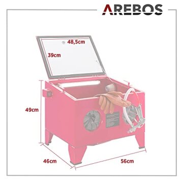 Arebos Sandstrahlkabine 90 Liter | Sandstrahlgerät mit Strahlpistole mit 4 Keramikdüsen | zur Aufbereitung |Arbeitshandschuhe | Sichtfenster inkl. 5 Ersatzfolien - 7