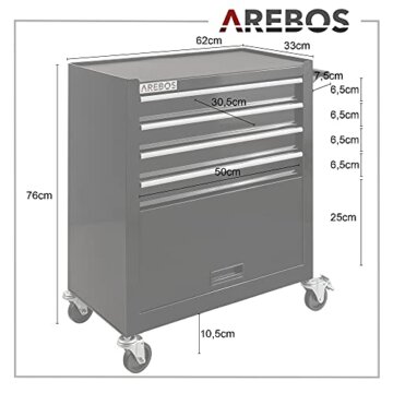 Arebos Werkstattwagen 4 Fächer + großes Fach für Werkzeug Kratzfeste Oberfläche | inkl. Antirutschmatten | kugelgelagerte Schubladen Interlock-System | 2 Rollen mit Feststellbremse | Schwarz - 3