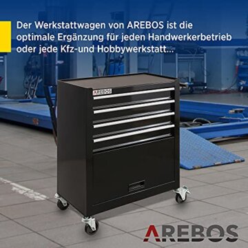 Arebos Werkstattwagen 4 Fächer + großes Fach für Werkzeug Kratzfeste Oberfläche | inkl. Antirutschmatten | kugelgelagerte Schubladen Interlock-System | 2 Rollen mit Feststellbremse | Schwarz - 4