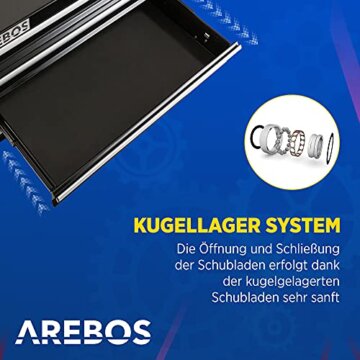 Arebos Werkstattwagen 4 Fächer + großes Fach für Werkzeug Kratzfeste Oberfläche | inkl. Antirutschmatten | kugelgelagerte Schubladen Interlock-System | 2 Rollen mit Feststellbremse | Schwarz - 5