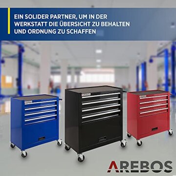 Arebos Werkstattwagen 4 Fächer + großes Fach für Werkzeug Kratzfeste Oberfläche | inkl. Antirutschmatten | kugelgelagerte Schubladen Interlock-System | 2 Rollen mit Feststellbremse | Schwarz - 7