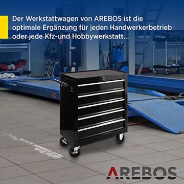 Arebos Werkstattwagen 5 Fächer | Rollwagen zentral abschließbar | kugelgelagerte Schubladen inkl. Antirutschmatten | Werkzeugwagen fahrbar 2 Rollen mit Feststellbremse | Schwarz - 4