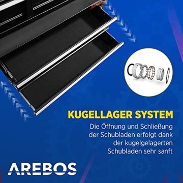 Arebos Werkstattwagen 5 Fächer | Rollwagen zentral abschließbar | kugelgelagerte Schubladen inkl. Antirutschmatten | Werkzeugwagen fahrbar 2 Rollen mit Feststellbremse | Schwarz - 5