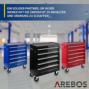 Arebos Werkstattwagen 5 Fächer | Rollwagen zentral abschließbar | kugelgelagerte Schubladen inkl. Antirutschmatten | Werkzeugwagen fahrbar 2 Rollen mit Feststellbremse | Schwarz - 7