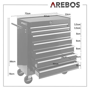 Arebos Werkstattwagen 7 Schubfächer | Werkzeugwagen zentral abschließbar inkl. 2 Schlüssel & Antirutschmatten | kugelgelagerte Schubladen | 2 Rollen mit Feststellbremse | Schwarz - 3