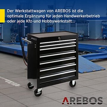 Arebos Werkstattwagen 7 Schubfächer | Werkzeugwagen zentral abschließbar inkl. 2 Schlüssel & Antirutschmatten | kugelgelagerte Schubladen | 2 Rollen mit Feststellbremse | Schwarz - 4
