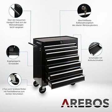 Arebos Werkstattwagen 7 Schubfächer | Werkzeugwagen zentral abschließbar inkl. 2 Schlüssel & Antirutschmatten | kugelgelagerte Schubladen | 2 Rollen mit Feststellbremse | Schwarz - 6