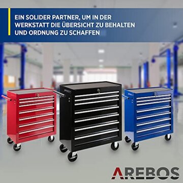 Arebos Werkstattwagen 7 Schubfächer | Werkzeugwagen zentral abschließbar inkl. 2 Schlüssel & Antirutschmatten | kugelgelagerte Schubladen | 2 Rollen mit Feststellbremse | Schwarz - 7