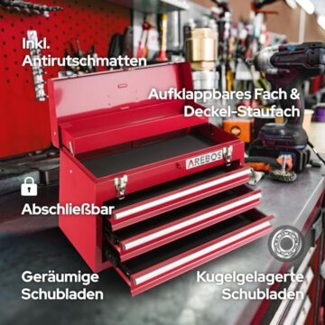 Arebos Werkzeugkoffer mit 3 Schubladen & 2 Ablagefächern 52 x 22 x 30,5 cm | Werkzeugkasten abschließbar | Werkzeugbox inkl. Tragegriff & Schnappverschlüssen | Antirutschmatten | Rot - 2