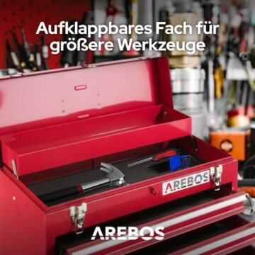 Arebos Werkzeugkoffer mit 3 Schubladen & 2 Ablagefächern 52 x 22 x 30,5 cm | Werkzeugkasten abschließbar | Werkzeugbox inkl. Tragegriff & Schnappverschlüssen | Antirutschmatten | Rot - 3