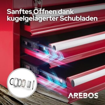 Arebos Werkzeugkoffer mit 3 Schubladen & 2 Ablagefächern 52 x 22 x 30,5 cm | Werkzeugkasten abschließbar | Werkzeugbox inkl. Tragegriff & Schnappverschlüssen | Antirutschmatten | Rot - 4