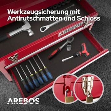 Arebos Werkzeugkoffer mit 3 Schubladen & 2 Ablagefächern 52 x 22 x 30,5 cm | Werkzeugkasten abschließbar | Werkzeugbox inkl. Tragegriff & Schnappverschlüssen | Antirutschmatten | Rot - 5