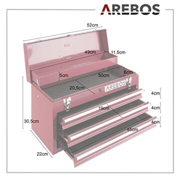 Arebos Werkzeugkoffer mit 3 Schubladen & 2 Ablagefächern 52 x 22 x 30,5 cm | Werkzeugkasten abschließbar | Werkzeugbox inkl. Tragegriff & Schnappverschlüssen | Antirutschmatten | Rot - 7