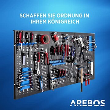 Arebos Werkzeugwand 3-teilige Lochwand Werkstatt | 17-teiliges Hakenset & Halterungen | 117,6 x 59,5 x 2 cm | Werkzeuglochwand aus Metall für Werkstatteinrichtung inkl. Montagematerial | Blau - 3