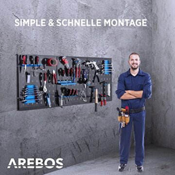 Arebos Werkzeugwand 3-teilige Lochwand Werkstatt | 17-teiliges Hakenset & Halterungen | 117,6 x 59,5 x 2 cm | Werkzeuglochwand aus Metall für Werkstatteinrichtung inkl. Montagematerial | Blau - 5