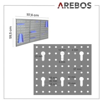 Arebos Werkzeugwand 3-teilige Lochwand Werkstatt | 17-teiliges Hakenset & Halterungen | 117,6 x 59,5 x 2 cm | Werkzeuglochwand aus Metall für Werkstatteinrichtung inkl. Montagematerial | Blau - 7