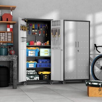 BIZOEIRON Garagen-Metall-Lagerschrank mit Stecktafel, Hoher Lagerschrank mit Verstellbaren Regalen und Türen, Rollende Werkzeugschränke auf Rädern für die Garage, Schwarz & Grau - 2