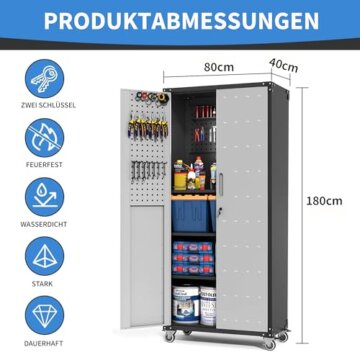 BIZOEIRON Garagen-Metall-Lagerschrank mit Stecktafel, Hoher Lagerschrank mit Verstellbaren Regalen und Türen, Rollende Werkzeugschränke auf Rädern für die Garage, Schwarz & Grau - 3