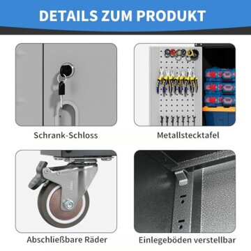 BIZOEIRON Garagen-Metall-Lagerschrank mit Stecktafel, Hoher Lagerschrank mit Verstellbaren Regalen und Türen, Rollende Werkzeugschränke auf Rädern für die Garage, Schwarz & Grau - 4