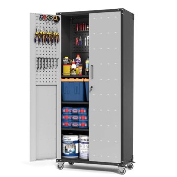 BIZOEIRON Garagen-Metall-Lagerschrank mit Stecktafel, Hoher Lagerschrank mit Verstellbaren Regalen und Türen, Rollende Werkzeugschränke auf Rädern für die Garage, Schwarz & Grau - 1