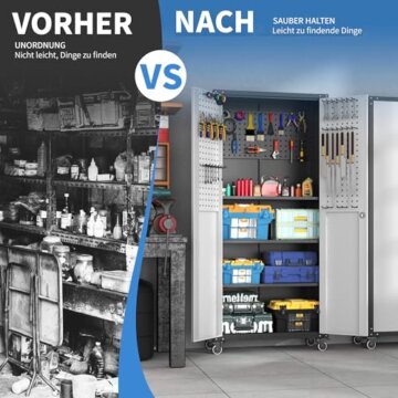 BIZOEIRON Garagen-Metall-Lagerschrank mit Stecktafel, Hoher Lagerschrank mit Verstellbaren Regalen und Türen, Rollende Werkzeugschränke auf Rädern für die Garage, Schwarz & Grau - 5