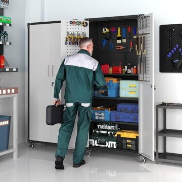 BIZOEIRON Garagen-Metall-Lagerschrank mit Stecktafel, Hoher Lagerschrank mit Verstellbaren Regalen und Türen, Rollende Werkzeugschränke auf Rädern für die Garage, Schwarz & Grau - 6