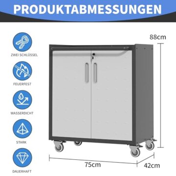 BIZOEIRON Metall-Lagerschrank mit Rädern, Abschließbarer Garagen-Lagerschrank mit Türen und Regalen, Rollender Werkzeuglagerschrank, Montage Erforderlich, Schwarz & Grau - 3