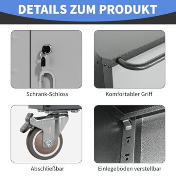 BIZOEIRON Metall-Lagerschrank mit Rädern, Abschließbarer Garagen-Lagerschrank mit Türen und Regalen, Rollender Werkzeuglagerschrank, Montage Erforderlich, Schwarz & Grau - 4