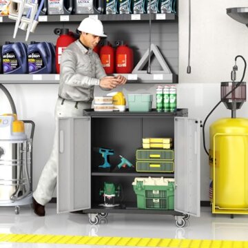 BIZOEIRON Metall-Lagerschrank mit Rädern, Abschließbarer Garagen-Lagerschrank mit Türen und Regalen, Rollender Werkzeuglagerschrank, Montage Erforderlich, Schwarz & Grau - 6