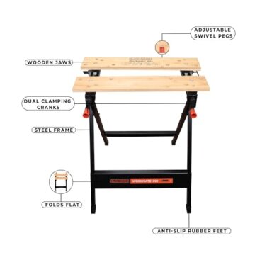 BLACK+DECKER tragbare Werkbank für Werkstatt - Sägebock Werkbank klappbar als Werkstatteinrichtung (freistehend, Abmessung der Arbeitsplatte: 610x250 mm, max. Tragkraft: 160 kg) WM301 - 4