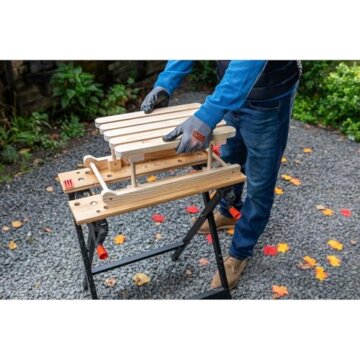 BLACK+DECKER tragbare Werkbank für Werkstatt - Sägebock Werkbank klappbar als Werkstatteinrichtung (freistehend, Abmessung der Arbeitsplatte: 610x250 mm, max. Tragkraft: 160 kg) WM301 - 9