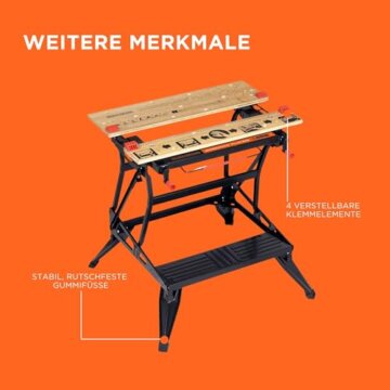 BLACK+DECKER Workmate Flexible Universal-Werkbank (klappbarer Sägebock – Arbeitstisch mit großer Arbeitsfläche, verstellbare Spannbacken, bis 250 kg belastbar, 74 x 25 cm) WM825-XJ - 10