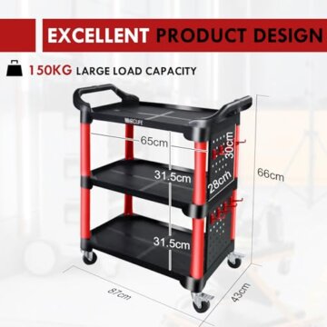 CCLIFE Werkstattwagen Werkzeugwagen Bestückt 87x43x66 cm, Werkstatt Rollwagen mit 3 Etagen Zwei Werkzeugtafeln und 8 Haken, Tragkraft 150 kg - 2