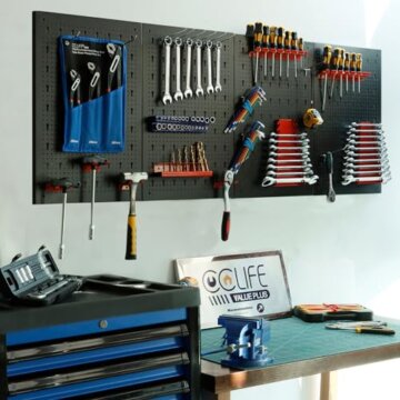 CCLIFE Werkzeugwand Lochwand 4 tlg Inkl. 52-Teiligem Metall Werkzeuglochwand Vier Teile 160 x 60 x 2 cm Erweiterbar Zubehör Wandregal Werkzeugaufbewahrung Schwarz - 4