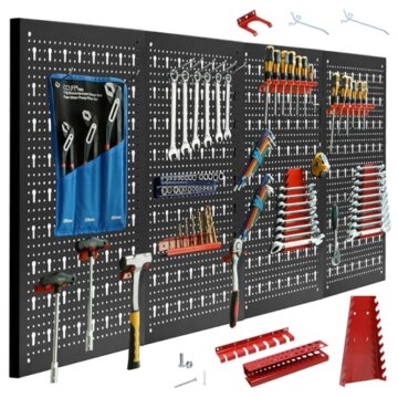 CCLIFE Werkzeugwand Lochwand 4 tlg Inkl. 52-Teiligem Metall Werkzeuglochwand Vier Teile 160 x 60 x 2 cm Erweiterbar Zubehör Wandregal Werkzeugaufbewahrung Schwarz - 1