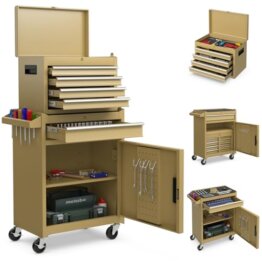 COSTWAY 2 in 1 Werkstattwagen inkl. Koffer & 8 Fächer & Haken & verstellbarem Regal, Werkzeugwagen Abschließbar auf Rädern ohne Werkzeug, Profi Werkstatt-Wagen Metall 100 kg Tragkraft, 59x28x102cm - 1