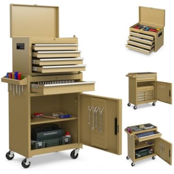 COSTWAY 2 in 1 Werkstattwagen inkl. Koffer & 8 Fächer & Haken & verstellbarem Regal, Werkzeugwagen Abschließbar auf Rädern ohne Werkzeug, Profi Werkstatt-Wagen Metall 100 kg Tragkraft, 59x28x102cm - 1
