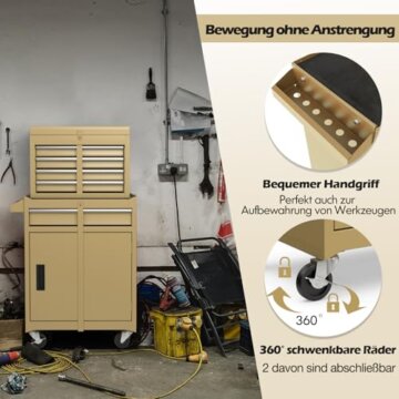 COSTWAY 2 in 1 Werkstattwagen inkl. Koffer & 8 Fächer & Haken & verstellbarem Regal, Werkzeugwagen Abschließbar auf Rädern ohne Werkzeug, Profi Werkstatt-Wagen Metall 100 kg Tragkraft, 59x28x102cm - 5