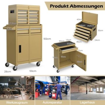 COSTWAY 2 in 1 Werkstattwagen inkl. Koffer & 8 Fächer & Haken & verstellbarem Regal, Werkzeugwagen Abschließbar auf Rädern ohne Werkzeug, Profi Werkstatt-Wagen Metall 100 kg Tragkraft, 59x28x102cm - 7