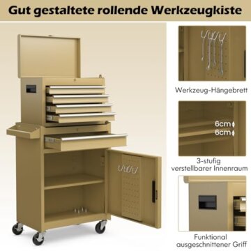 COSTWAY 2 in 1 Werkstattwagen inkl. Koffer & 8 Fächer & Haken & verstellbarem Regal, Werkzeugwagen Abschließbar auf Rädern ohne Werkzeug, Profi Werkstatt-Wagen Metall 100 kg Tragkraft, 59x28x102cm - 8